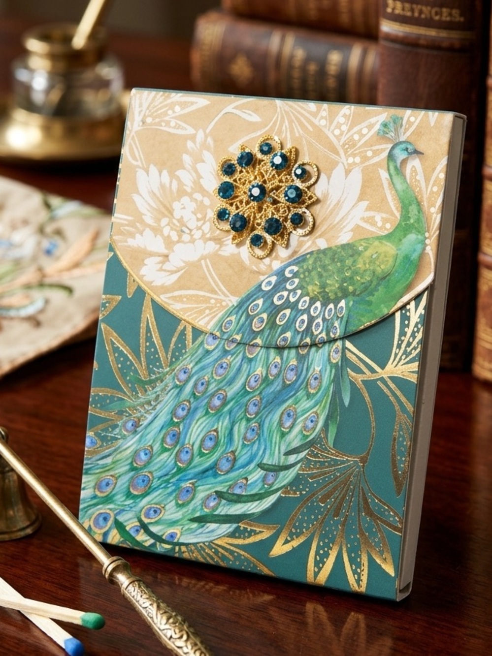 Punch Studio Emerald Peacock Brooch Mini Notepad